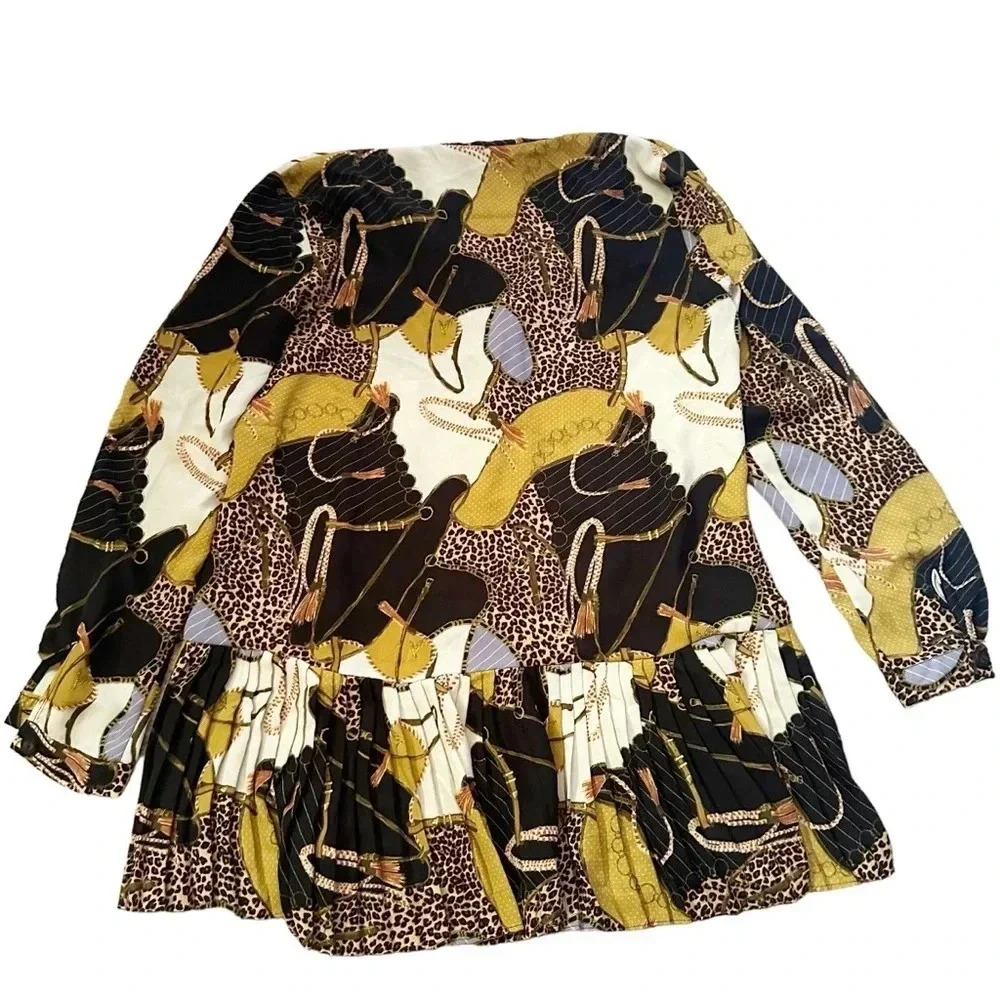 Zara •Equestrian Pleated Peplum Tunic Top Black Bridle Chain Print Size Small - Picture 2 of 10